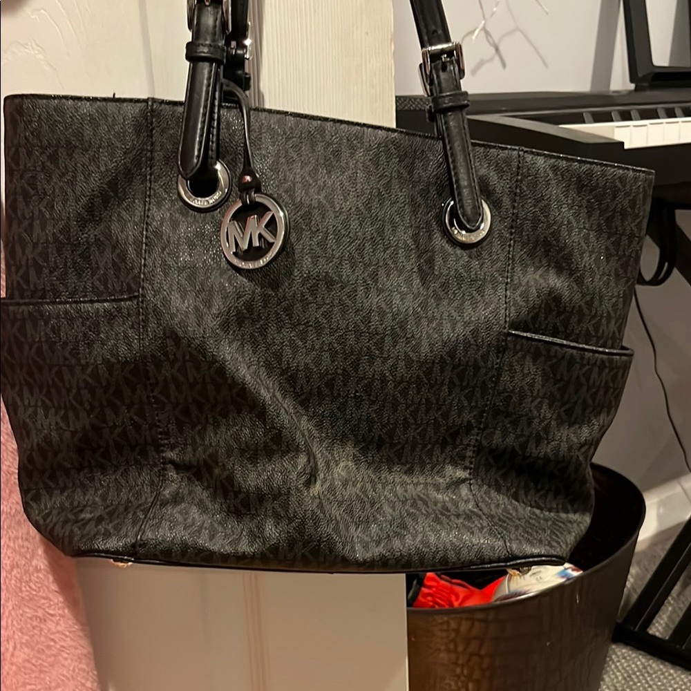 Michael Kors Black Signature Tote with Leather Trim